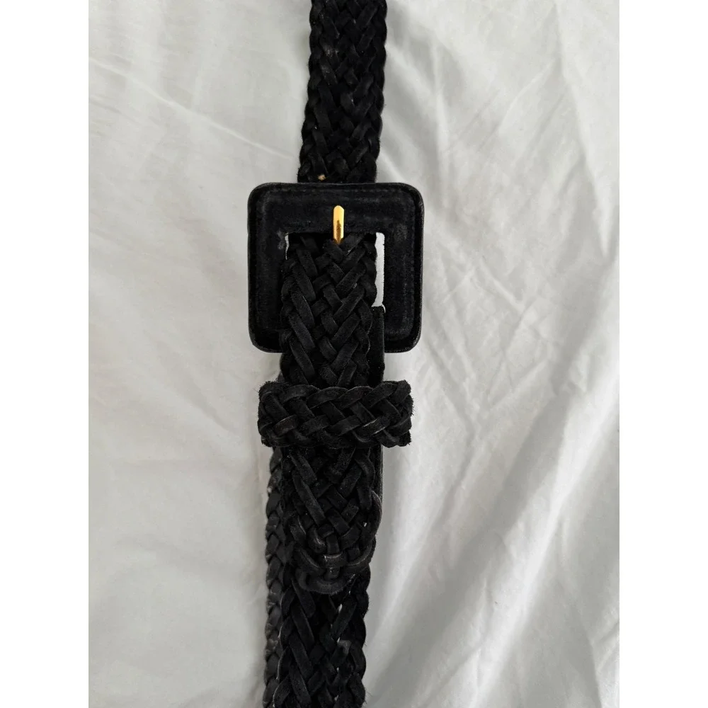 Black Braided Genuine Leather Belt S/M Square Buckle Vintage Equestria